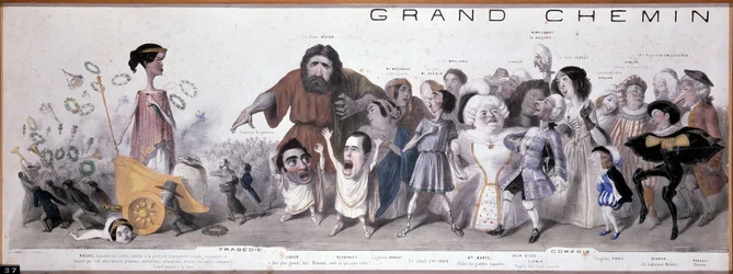 Le grand chemin de la postity: repræsentation af tragedie og komedie - Litografi af Benjamin Roubaud, Maison de Balzac, Paris