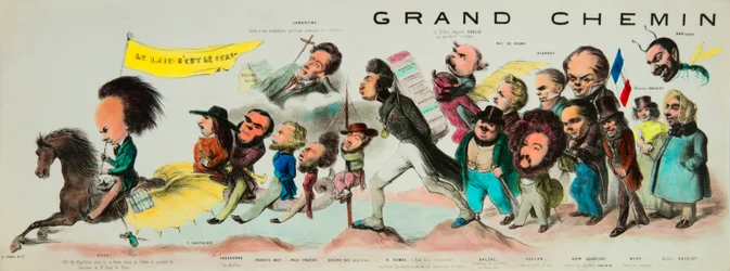 Eftertidens store ridt. (Ridende på den romantiske Pegasus tog Victor Hugo (1802-1885), hugolatrernes konge, bevæbnet med sin gode klinge fra Toledo og bærende banneret fra Notre-Dame de Paris, Théophile Gautier (1811-1872) med sig, Bernard Adolphe Granier