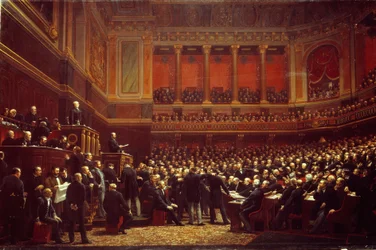 Louis Adolphe Thiers (1797-1877), udråbt til „Territoriets Befrier“ på Nationalforsamlingens møde, der blev afholdt i Versailles den 16. juni