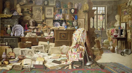 Panser, print, billeder, rør, Kina (Alle Crackd) Gamle vakkelvorne borde og stole knækkede ryg, 1882 (wc med kropsfarve på papir)