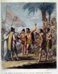 En indisk Cacique fra øen Cuba byder Christopher Columbus (1451-1506) og europæiske militære og kirkelige repræsentanter velkommen til at diskutere oprettelsen af en ny stat. Frontispice af "Civil and Commercial History of the British Colonies of the W