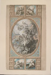 Design til loftudsmykningen af Royal Chapel, Windsor Castle (recto), ca. 1779 (sort kridt, pen & brunt blæk & akvarel, forhøjet med strejf af hvid, grå & blå kropsfarve & brun vask