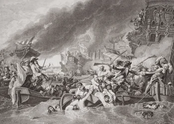 Slaget ved La Hogue, ødelæggelse af den franske flåde, 22. maj 1692, fra `Illustrationer af engelsk og skotsk historie