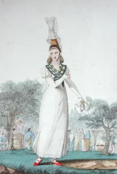 En Cauchoise i traditionel dragt til festdage, indgraveret af Gatine ca. 1830 (farve litho)
