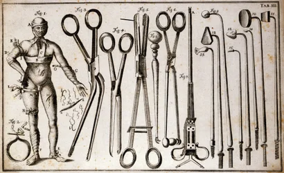Forskellige typer tang og kirurgiske instrumenter. En mand iført forskellige slags turneringer og bandager. Operationsplade illustreret af Benoist Louis Prevost (1735-1809). 1700-tallet