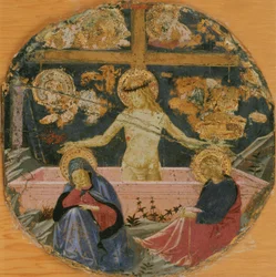 Tilskrives Benozzo Gozzoli - Smertensmanden med den sørgende jomfru, Johannes Evangelisten og symboler på lidelsen, ca. 1447
