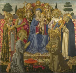 Jomfruen og barnet troner blandt engle og hellige, 1460