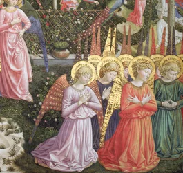 Engle i et himmelsk landskab, apsisens venstre væg, fra cyklussen De hellige tre kongers rejse i kapellet, ca. 1460 (detalje af 70610)