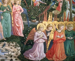 Engle i et himmelsk landskab, venstre væg i apsis, fra cyklussen om Kongernes rejse i kapellet, ca. 1460, fresko detalje af 70610