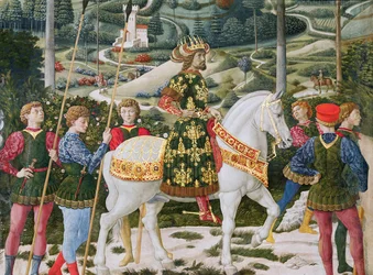 John VII Palaeologus 1391-1448, østromersk kejser, som en af de tre konger, detalje fra Magi-cyklussen i kapellet, ca. 1460 freskodetalje af 70625
