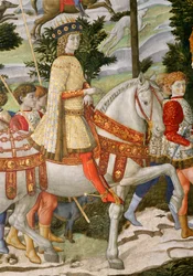 Lorenzo de Medici, den storslåede 1449-92, som en af de tre konger, detalje fra Magi-cyklussens rejse i kapellet, ca. 1460 freskodetalje af 70619