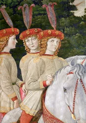 Maria (f.1460), Bianca (1461-88) og Nannina (1463-93) Medici, yngre søstre til Lorenzo (1449-92) og Giuliano (1453-78), detaljer fra Magi-cyklussen i kapellet , ca. 1460 (de