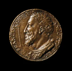 Bronzemedaljon med billedet af kong Francois I (1494-1547) lavet af Benvenuto Cellini (1500-1571) 1538 Diam. 38 cm Firenze, Bargello Nationalmuseum