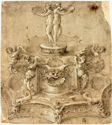 Sekskantet saltskål. Tegning af Benvenuto Cellini (1500-1571), Firenze, Uffizi-museet, Gabinetto Disegni e Stampe