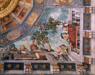 Damer, musikere og amoriner på balkonen, detalje af loftfresco, af Garofalo (1481-1559), Skatkammer, Ludovico il Moro Palace eller Costabili Palace, Ferrara, Italien