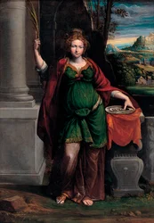 Sankt Lucia af Syrakus (begyndelsen af 4. århundrede) med en bakke med to øjne - Maleri af Benvenuto Tisi da Garofalo (Il Garofalo) (1481-1559), 63 x 44 cm
