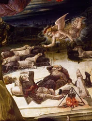 En engel og hyrder, detalje fra altertavlen med Fødselskirken af Benvenuto di Giovanni (1436-ca 1518), maleri på træ.