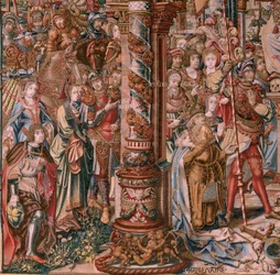 flamsk gobelin. Serien The Honours. Tro (La Fe). Første gobelin i serien. Modeltegnere fra Bernard van Orleys og Jan Gossaerts kreds (Mabuse). Fremstilling Pieter van Aelst, Bruxelles. Ca 1550. Stof Guld, sølv, silke og uld.