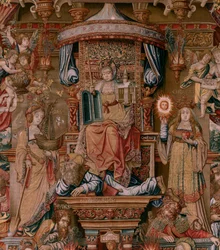 flamsk gobelin. Serien The Honours. Tro (La Fe). Første gobelin i serien. Modeltegnere fra Bernard van Orleys og Jan Gossaerts kreds (Mabuse). Fremstilling Pieter van Aelst, Bruxelles. Ca 1550. Stof Guld, sølv, silke og uld.