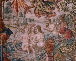 flamsk gobelin. Serien The Honours. Berømmelse (La Fama). Tredje gobelin i serien. Modeltegnere fra Bernard van Orleys og Jan Gossaerts kreds (Mabuse). Fremstilling Pieter van Aelst, Bruxelles. Ca 1550. Stof Guld, sølv, silke og uld.