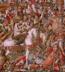 flamsk gobelin. Serien The Honours. Infamy (La Infamia). Sjette gobelin i serien. Modeltegnere fra Bernard van Orleys og Jan Gossaerts kreds (Mabuse). Fremstilling Pieter van Aelst, Bruxelles. Ca 1550. Stof Guld, sølv, silke og uld.