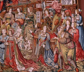 flamsk gobelin. Serien The Honours. Retfærdighed (La Justicia, Los Honores). Niende gobelin i serien. Modeltegnere fra Bernard van Orleys og Jan Gossaerts kreds (Mabuse). Fremstilling Pieter van Aelst, Bruxelles. Ca 1550. Stof Guld, sølv,