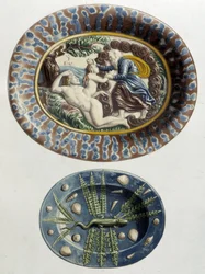 Gud skaber Eva af Adams lår; Lizard - Keramiske fade, i "The work of Bernard Palissy" af C. Delange og C. Borneman, Paris