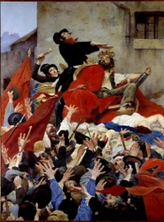 Slyngelens apoteose eller Robert Macaires triumf Robert Macaire er en imaginær figur, der symboliserer banditten og skruppelløse forretningsmand. Han er en kronerepræsentant og jubler af mængden. Maleri af Maurice Boutet de Monvel (1851-191
