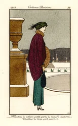Kvinde i Violet Velvet Cape trimmet med rævspels, dragt af flaske-grøn woo, gaiterier. Violet fløjlsfrakke med naturlig ræv, glasplade skrædder. Håndfarvet stencil (stencil) ætsning efter en illustration af Bernard Boutet de Monvel Fr