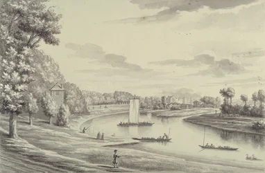 En vestlig udsigt over Hampton Court Ferry og Hampton Church at a Distance, 1731-33 (pen & sort blæk og vask på lagt papir)