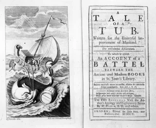 Frontispice og titelblad til A Tale of a Tub af Jonathan Swift, indgraveret af John Sturt, 1704