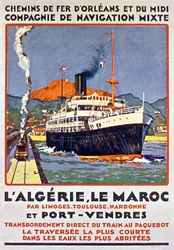 Reklameplakat for fransk jernbane til Algeriet og Marokko fra Frankrig via Limoges Toulouse Narbonne og Port Vendres ca. 1900