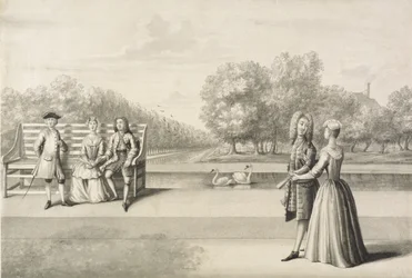 Figurer på bredden af Long Water, Hampton Court Palace (grå vask med pen og blæk over blyant på papir)