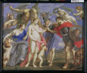 Mars Introduced by Minerva to Occasion, akkompagneret af Ceres, efter et maleri af Peter Paul Rubens (1577-1640) (kropsfarve og tyggegummi på vellum viklet rundt om panelet)