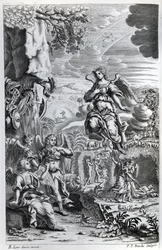 Ærkeenglen Uriel fortæller Gabriel, at Satan befinder sig i Edens Have, illustration fra "Paradise Lost" af John Milton, graveret af P.P Bouche, sjette udgave, 1695