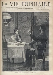 En kvinde lytter kærligt og med beundring til talen fra manden, der sidder foran hende ved en middag som par. Illustrationen af B. Borione af "Slaven" af Theodore de Banville (1823-1891). Stik fra 1891 i "La vie populaire". menig oberst