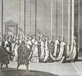 Forskellige stadier af konklavet, kardinalmøde til valg af en ny pave: kardinalernes indgang i det sixtinske kapel (Vatikanet: kardinalernes indgang) Gravering fra "Illustration af ceremonier og religiøse skikke for alle folk