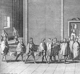 Forskellige stadier af konklavet, møde med kardinalerne til valg af en ny pave: rationerne foretages under konklavet (Vatikanet: ankomst af mad under konklavet) Gravering fra "" Illustration af religiøse ceremonier og skikke for alle mennesker