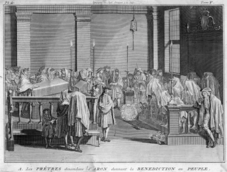 Ypperstepræst i Israel, der tilhører de jødiske præstefamilier, der sporer deres faderlige linje tilbage til Aron, giver deres velsignelse til det jødiske folk Indgravering fra "" Illustration de ceremonies et customs religieuses de tous les peuples du mon