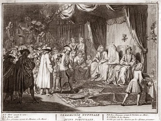 Jødisk bryllup i det jødiske portugisiske samfund Gravering fra "" Illustration af ceremonier og religiøse skikke for alle verdens folk"" af Bernard Picart (1723-1743) 1819 Privat samling