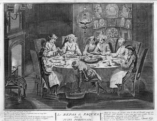 Jødedom: Påskefest (eller påske) i det jødiske portugisiske samfund Gravering fra "" Illustration de ceremonies et customs religieuses de tous les peuples du monde"" af Bernard Picart (1723-1743) 1819 Privat samling