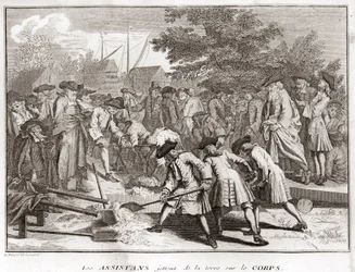 Jødedom: assistenterne kaster jord på kroppen under begravelsen (jødisk begravelse) Gravering fra "" Illustration af religiøse ceremonier og skikke for alle verdens folk"" af Bernard Picart (1723-1743) 1819 Privat samling