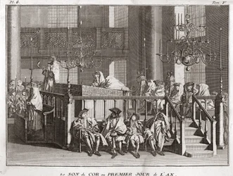 Jødedom: lyden af hornet på årets første dag ((lyden af schofar a Rosch ha-schana) (jødisk nytårsfestival: blæser i shofarhornet på Rosh Hashana) Indgravering fra "" Illustration af religiøse ceremonier og alle folkeslags skikke
