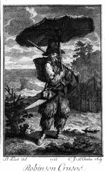 Repræsentation af Robinson Crusoe på hans øørken. Gravering af Bernard Picart (1673-1733), der illustrerer romanen af Daniel Defoe eller De Foe (1660-1731)