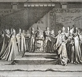 Højtidelig indvielse af pontifikatet: „Fremstilling af pavens kroning“ (pavelig indvielse: pavens kroning). Stik fra „Illustration af ceremonier og religiøse skikke hos alle verdens folkeslag“ af Bernard Picart (1723-1743).