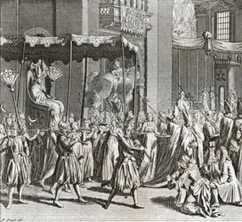Højtidelig indvielse af pontifikatet: afbrænding af et klæde) Indgravering fra "Illustration de ceremonies et customs religieuses de tous les peuples du monde" af Bernard Picart (1723-1743) 1819 Privat samling