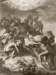 Kæmperne forsøger at skalere himlen ved at pille bjerge op på en anden, 1731