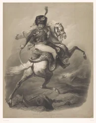 Overfaldsbetjent til hest Le chasseur de la garde (titel på objekt) Nye litografier med to typer kridt (serietitel) Nouveaux grupper aux deux farveblyanter (serietitel på objekt)
