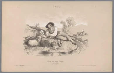 Hyrde med pige ved en pool Skildringer af livet på landet (serietitel) La kampagnen. Etudes varieés aux deux Crayons (serietitel på objekt)