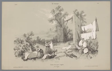 To kvinder og en pige vasker tøjet udenfor Skildringer af livet på landet (serietitel) La kampagnen. Etudes varieés aux deux Crayons (serietitel på objekt)